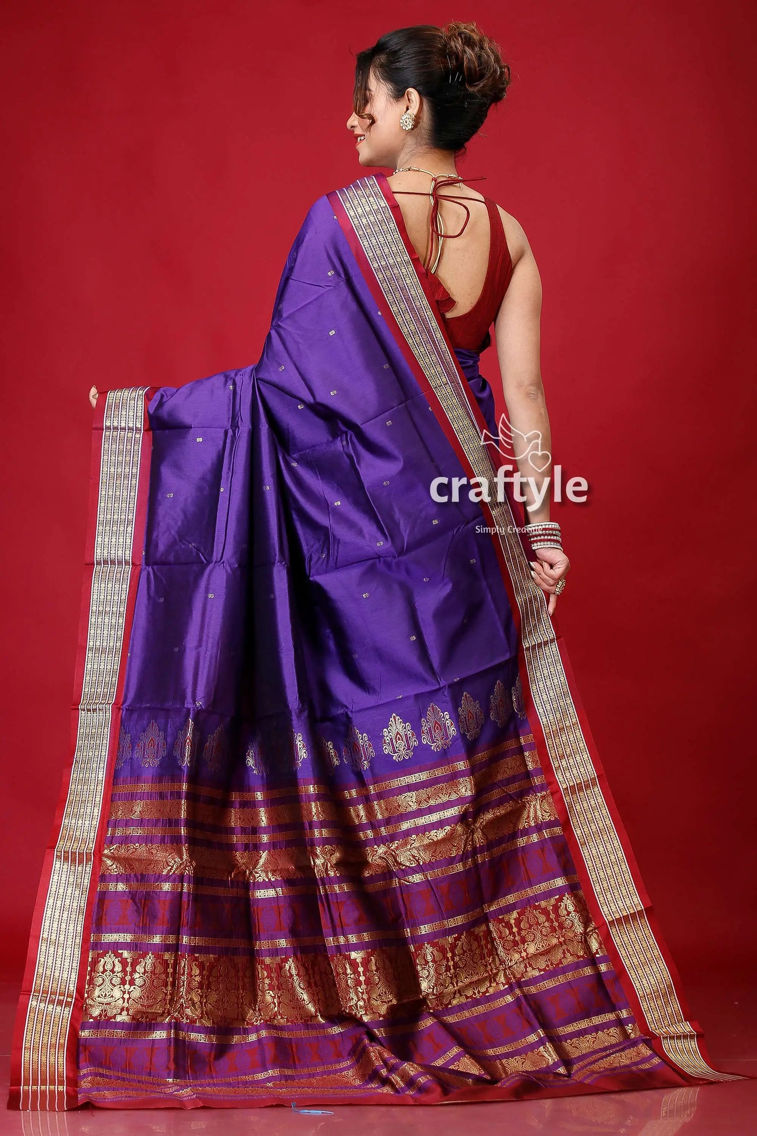 Pigment blue bomkai silk saree with woven zari border purple saree gold accents 5