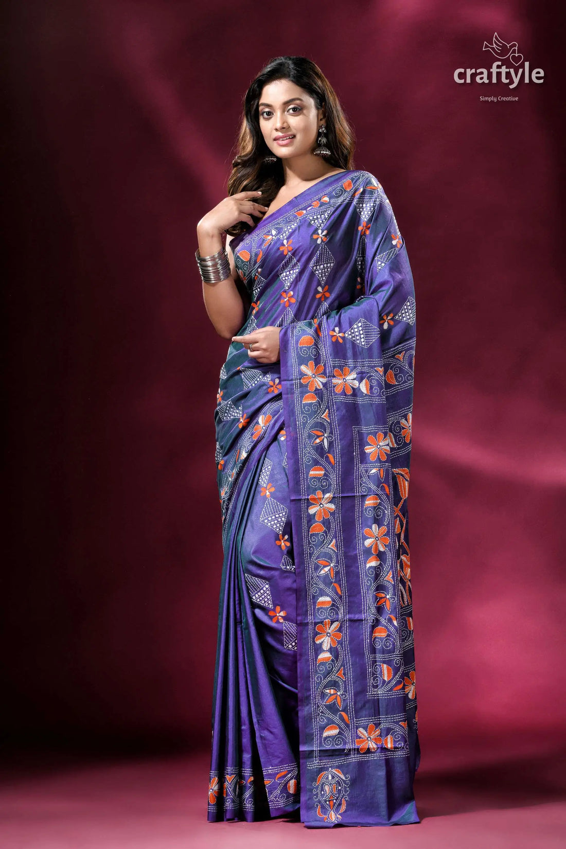 Pigment blue lotus pattern kantha stitch silk sari elegant blue floral saree 1