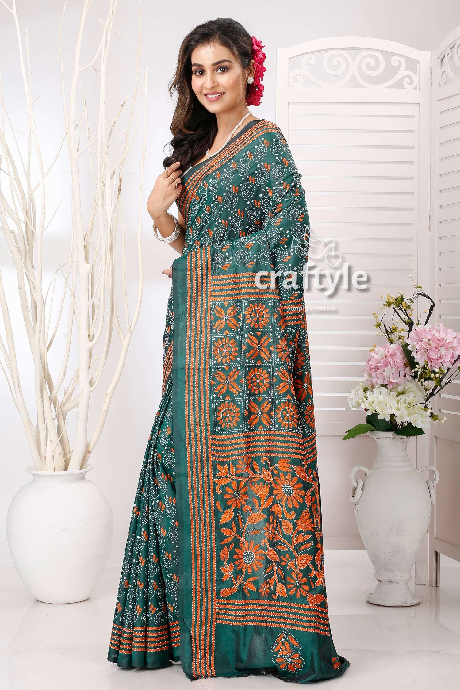 Pine Green and Orange Traditional Silk Kantha Work Saree - Craftyle