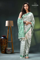 Pine green and white kantha embroidery silk saree white green saree intricate floral 4