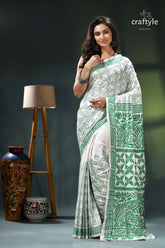 Pine green and white kantha embroidery silk saree white green saree intricate floral 6