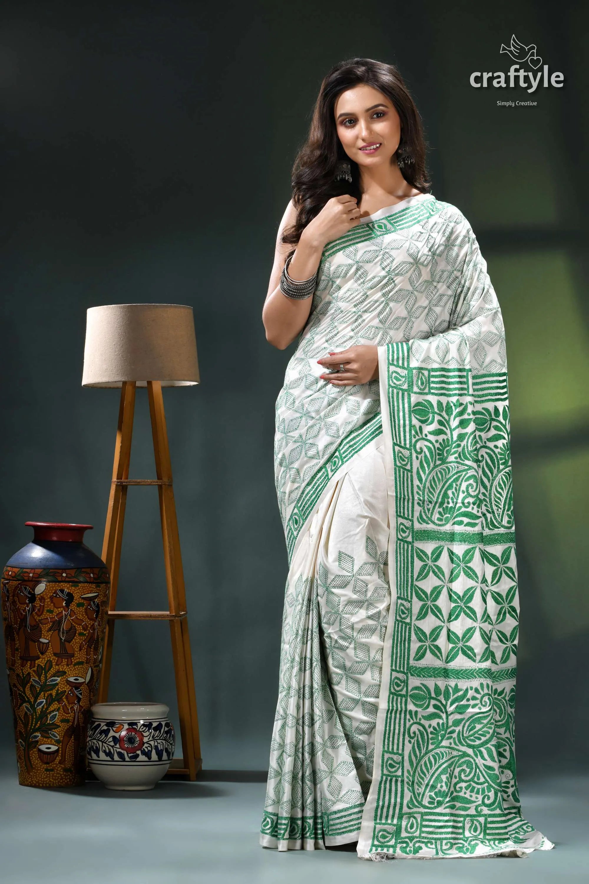 Pine green and white kantha embroidery silk saree white green saree intricate floral 6