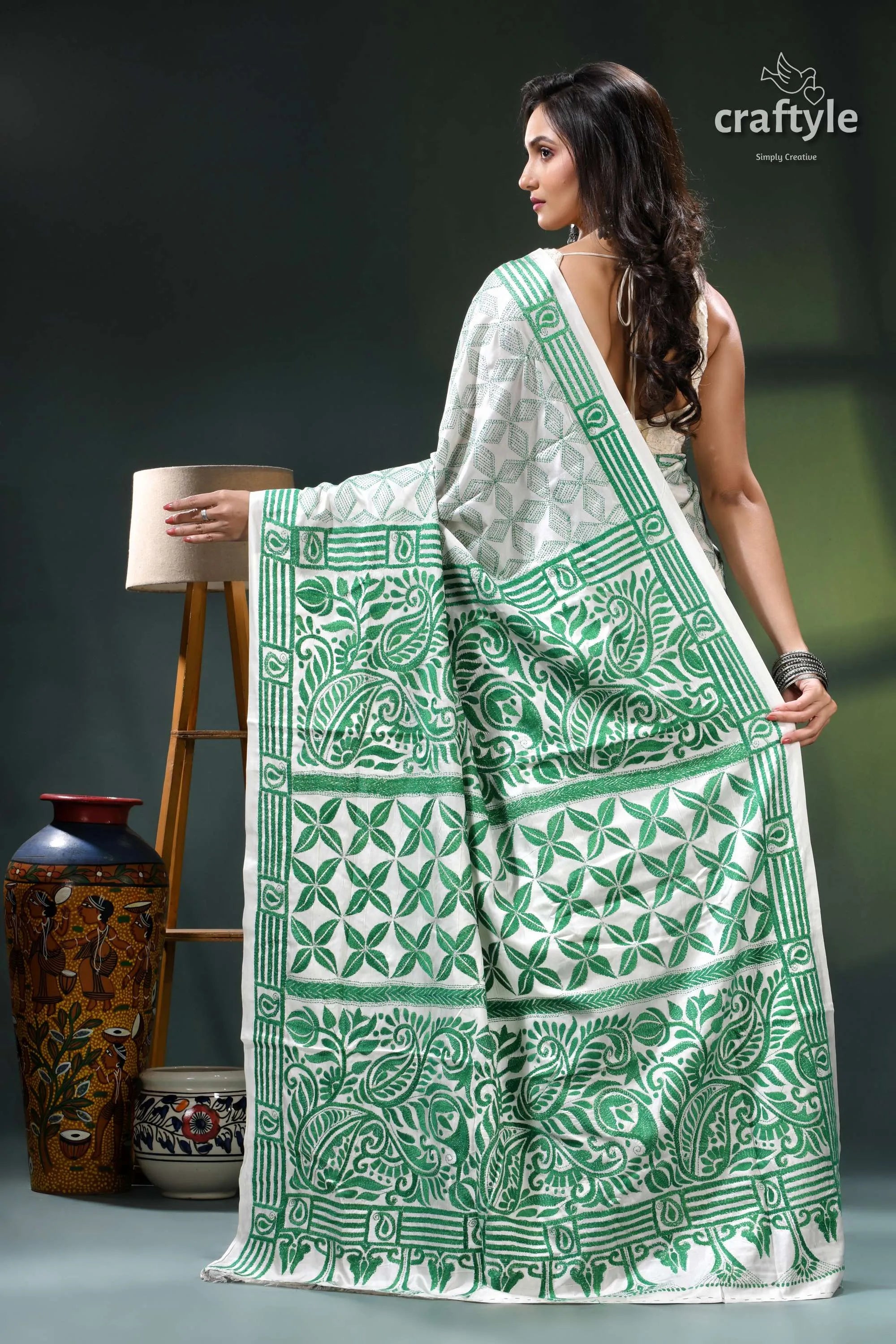 Pine green and white kantha embroidery silk saree green white batik saree intricate 5