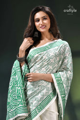 Pine green and white kantha embroidery silk saree white green saree intricate floral 2