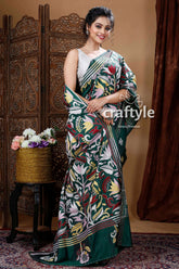 Pine Green Floral Motif Silk Kantha Saree-Craftyle