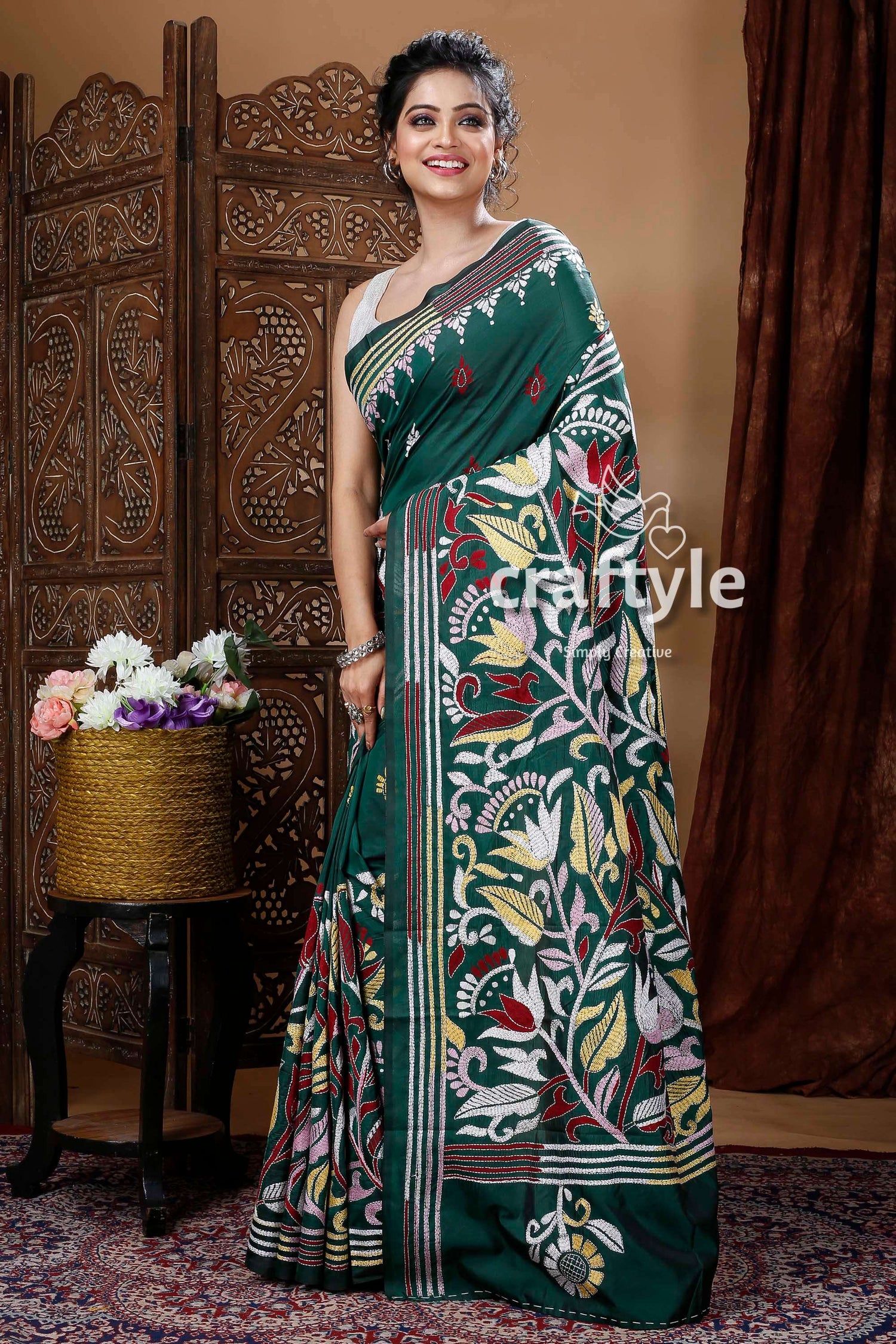 Pine Green Floral Motif Silk Kantha Saree-Craftyle