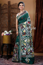 Pine Green Floral Motif Silk Kantha Saree-Craftyle