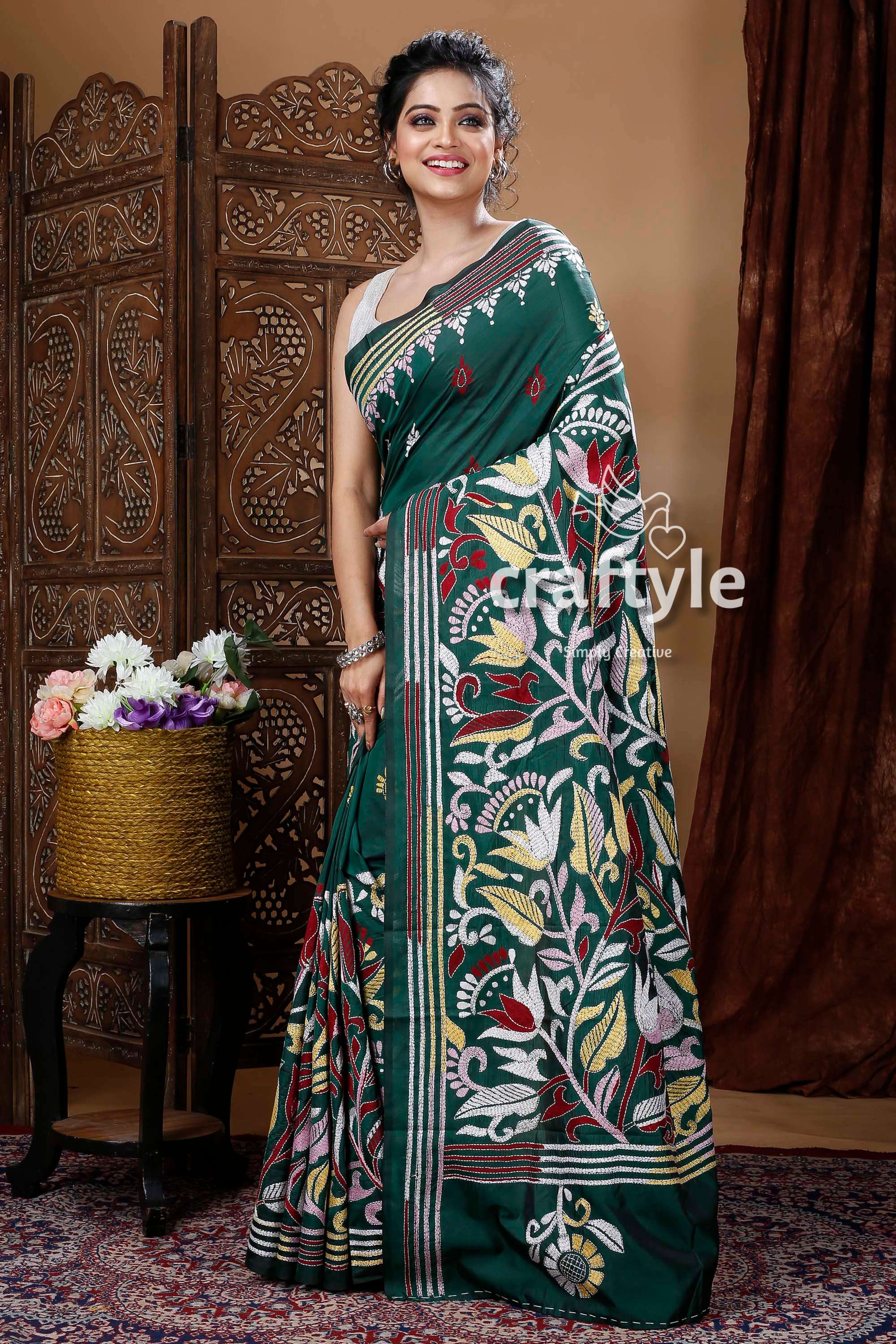 Pine Green Floral Motif Silk Kantha Saree-Craftyle