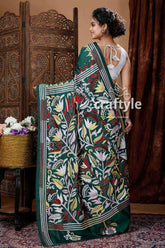 Pine Green Floral Motif Silk Kantha Saree-Craftyle
