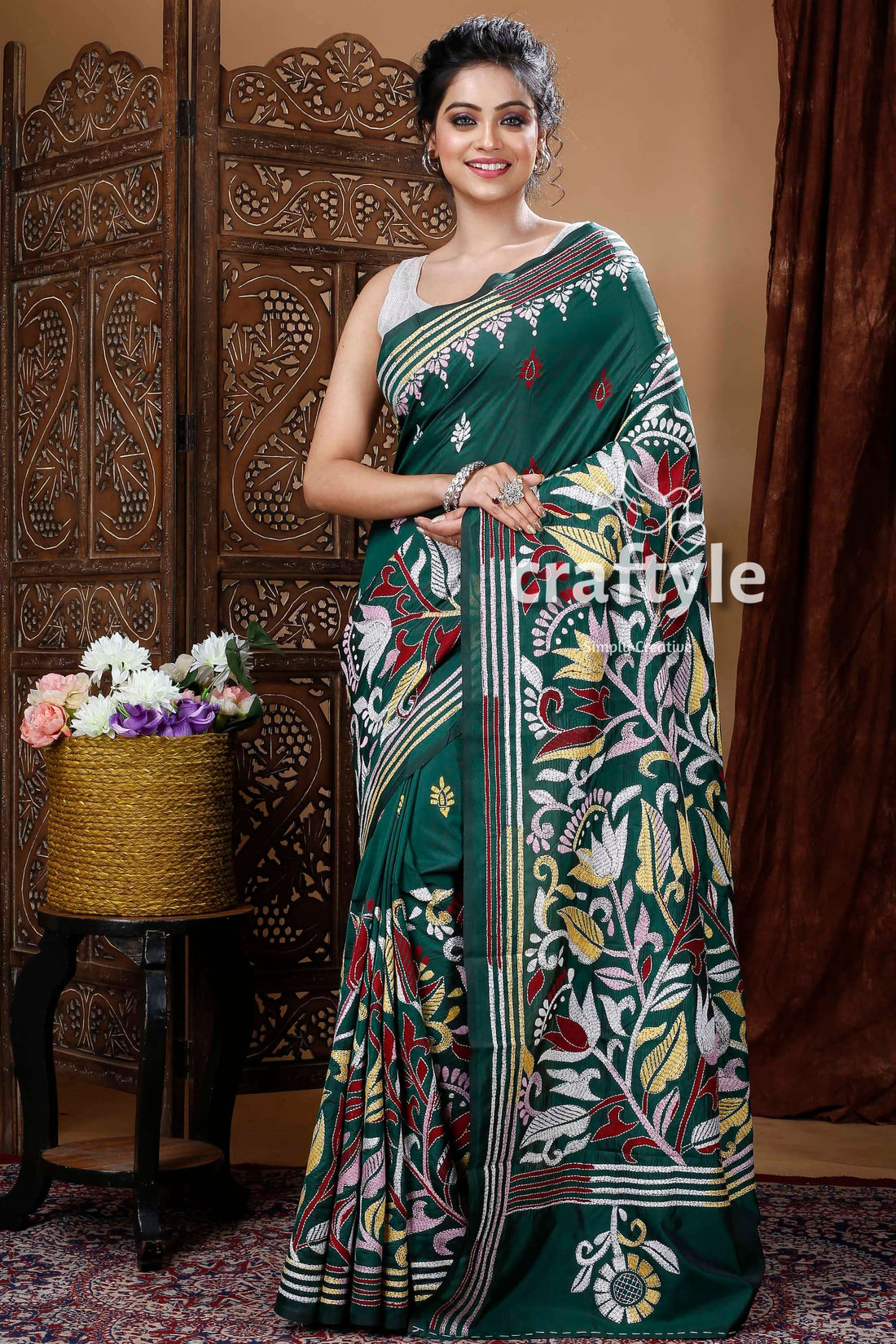 Pine Green Floral Motif Silk Kantha Saree-Craftyle