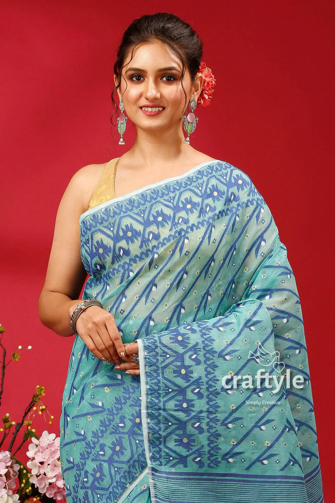 Pine green intricate jamdani saree for women light blue saree dark floral 2