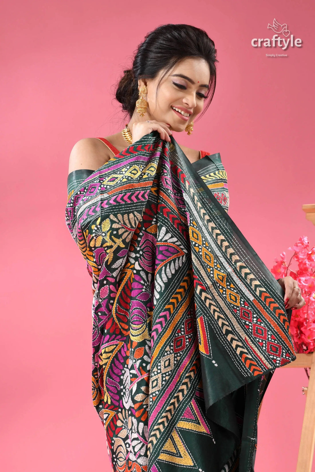 Pine green multi thread floral silk kantha saree woman colorful patterned sari dark 2