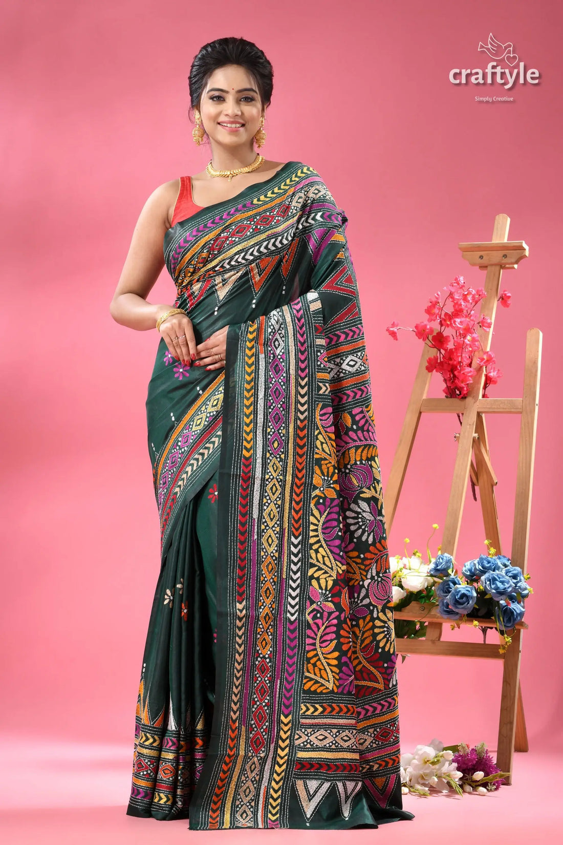 Pine green multi thread floral silk kantha saree dark green saree colorful embroidered 1