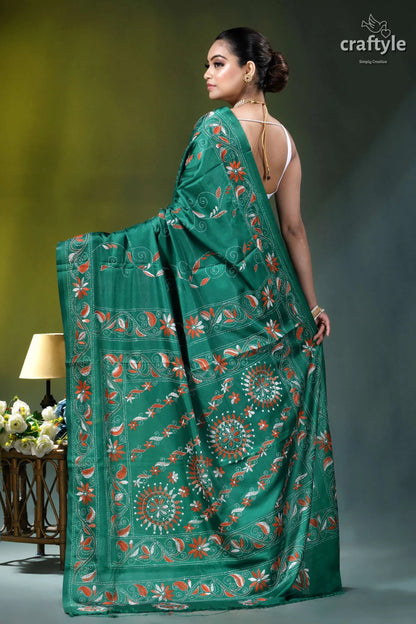 Pine green multithread hand kantha embroidery silk saree emerald green silk saree adorned 3
