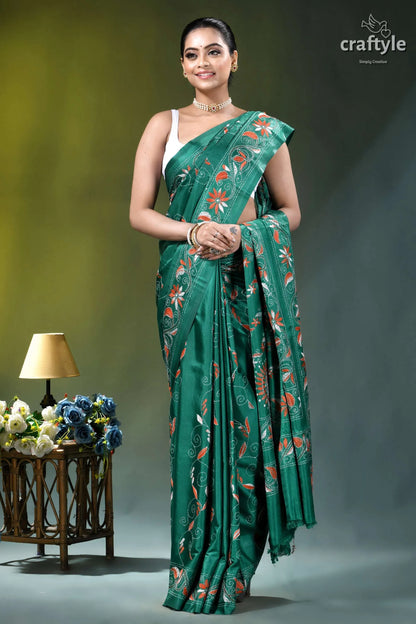 Pine green multithread hand kantha embroidery silk saree emerald green silk saree intricate 4