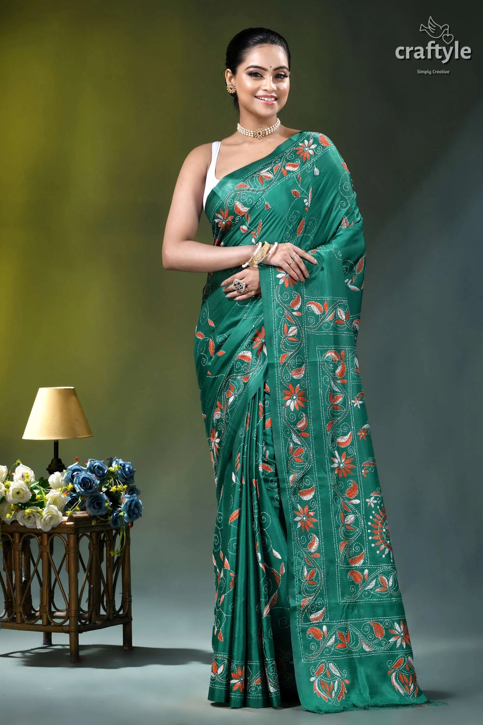 Pine green multithread hand kantha embroidery silk saree emerald green silk saree adorned 6