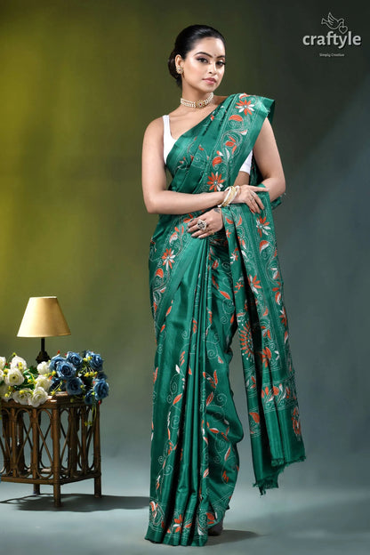 Pine green multithread hand kantha embroidery silk saree emerald green silk saree adorned 5