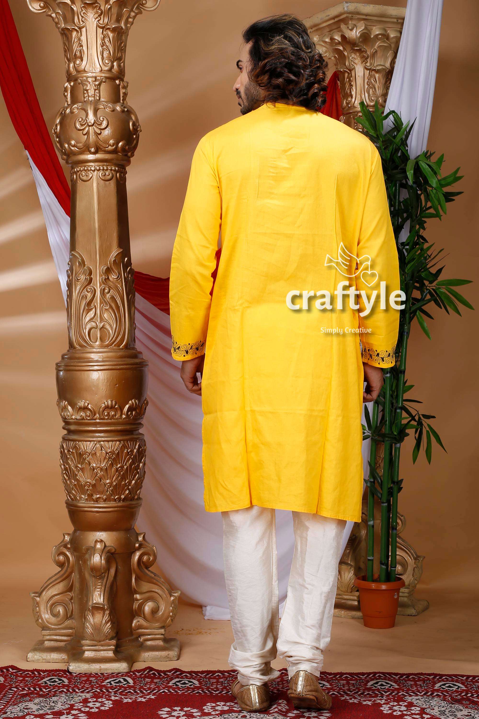 Pineaaple Yellow Kantha Stitch Designer Cotton Kurta for Men - Craftyle