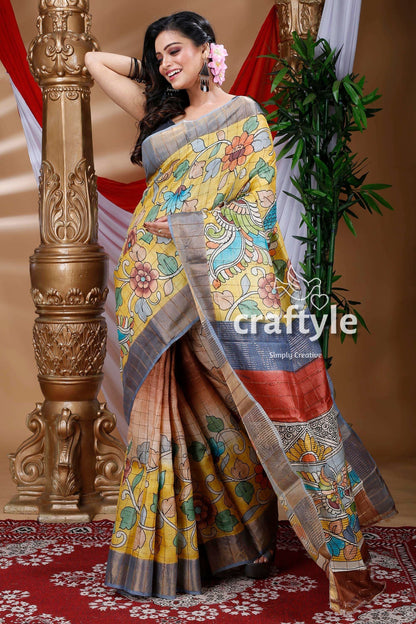 Pineapple Yellow Handcrafted Zari Border Pure Tussar Kalamkari Sari - Craftyle