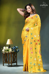 Pineapple yellow multi-thread handmade silk kantha saree vibrant yellow saree adorned colorful 1