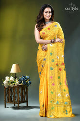 Pineapple yellow multi-thread handmade silk kantha saree vibrant yellow saree adorned intricate 7