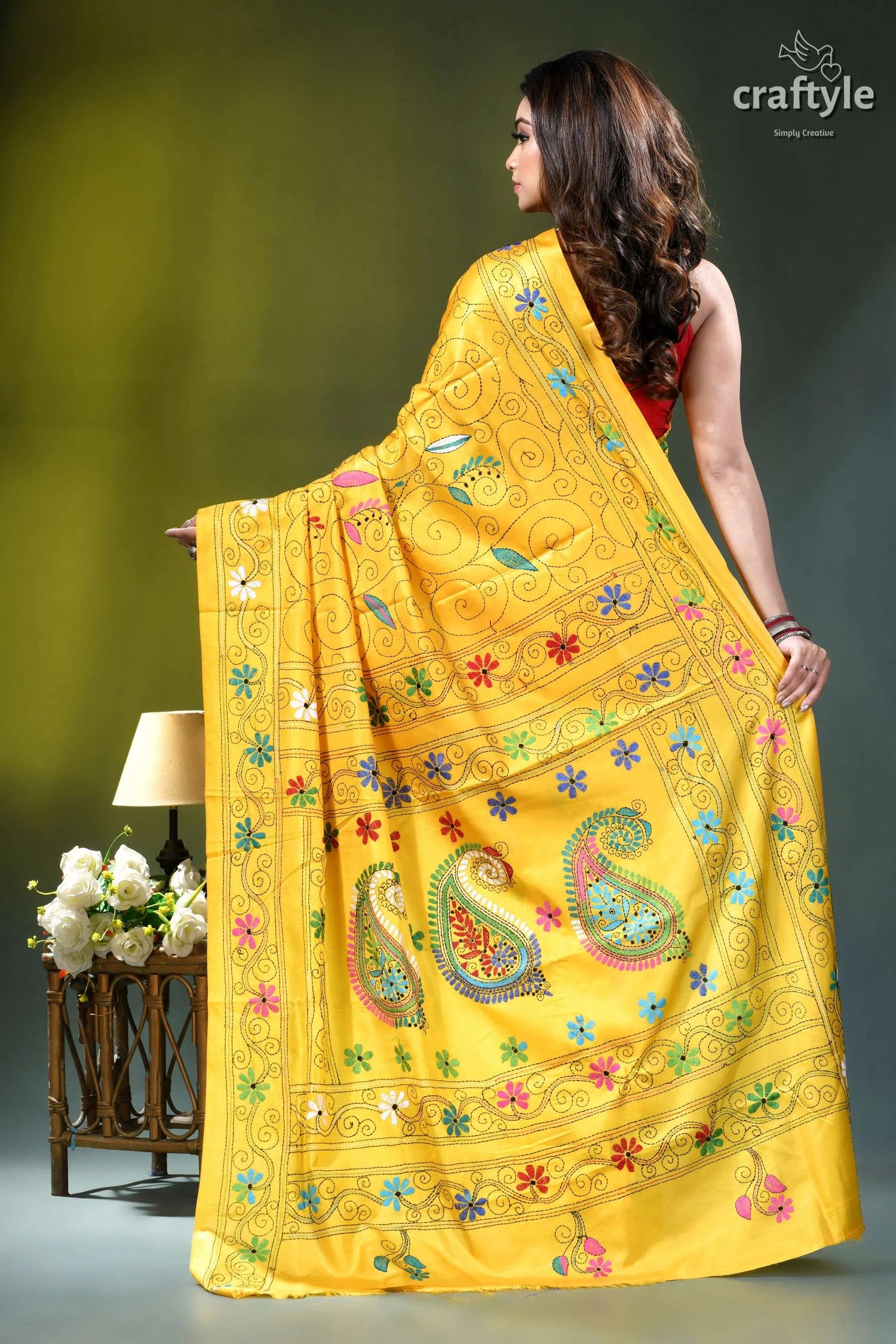 Pineapple yellow multi-thread handmade silk kantha saree vibrant yellow silk saree adorned 4