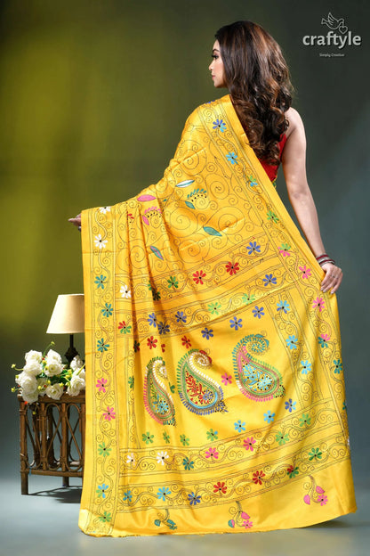 Pineapple yellow multi-thread handmade silk kantha saree vibrant yellow silk saree adorned 4