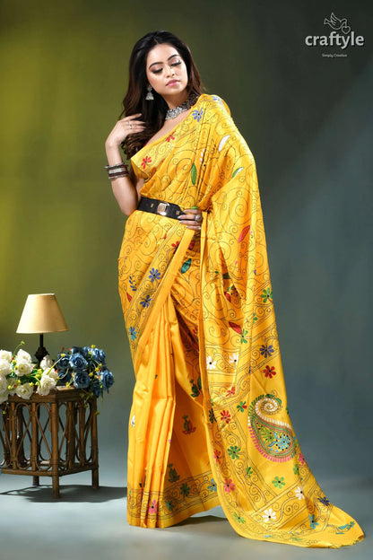 Pineapple yellow multi-thread handmade silk kantha saree vibrant yellow saree adorned intricate 6