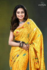 Pineapple yellow multi-thread handmade silk kantha saree vibrant yellow saree intricate floral 2