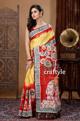 Pineapple Yellow & Red Elephant Design Batik Pure Mulberry Silk Saree - Craftyle