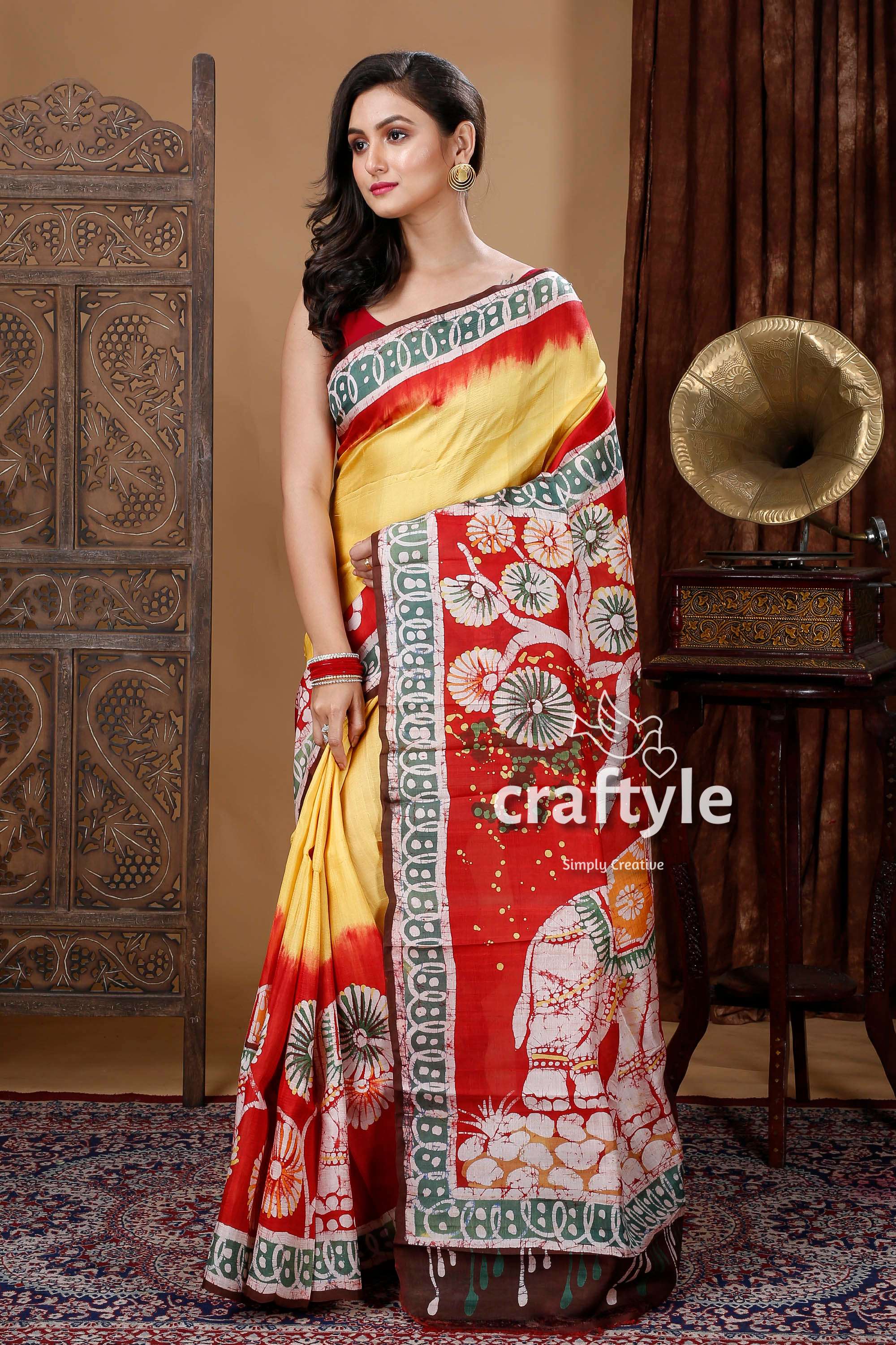 Pineapple Yellow &amp; Red Elephant Design Batik Pure Mulberry Silk Saree - Craftyle