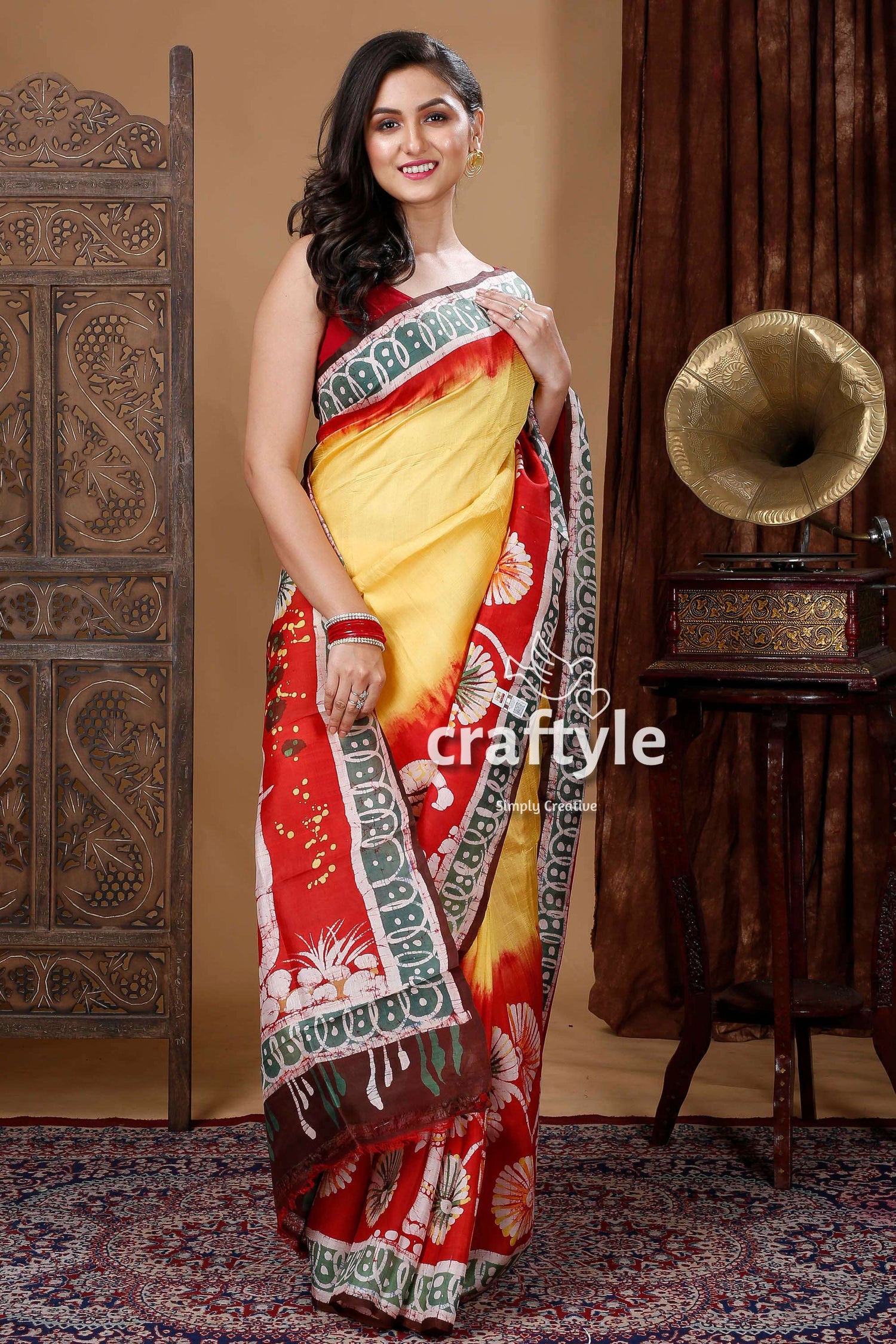 Pineapple Yellow &amp; Red Elephant Design Batik Pure Mulberry Silk Saree - Craftyle