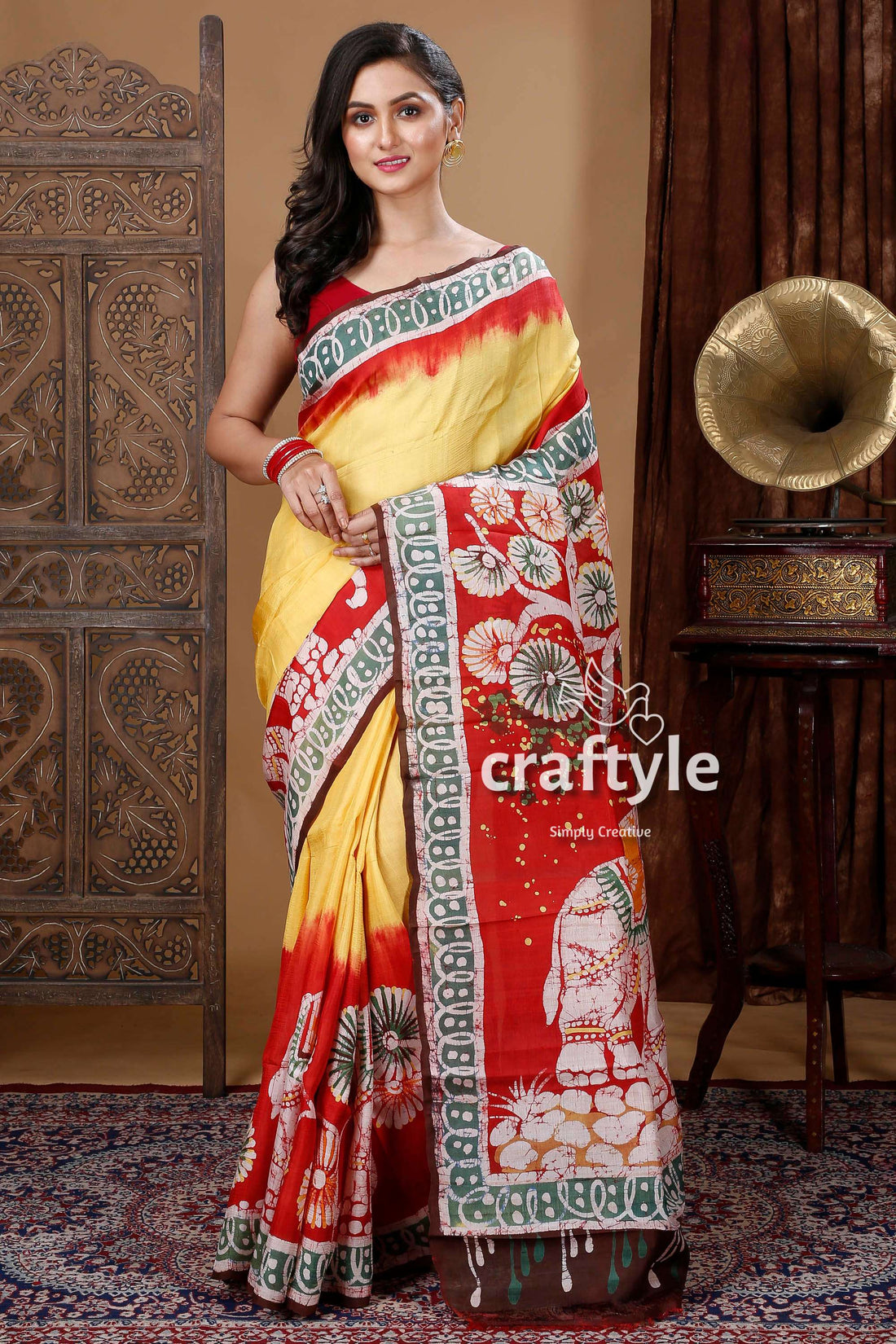 Pineapple Yellow &amp; Red Elephant Design Batik Pure Murshidabad Silk Saree-Craftyle