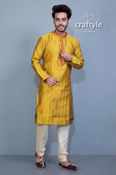Pineapple yellow silk kurta embroidered ethnic menswear man yellow kurta pajama 4