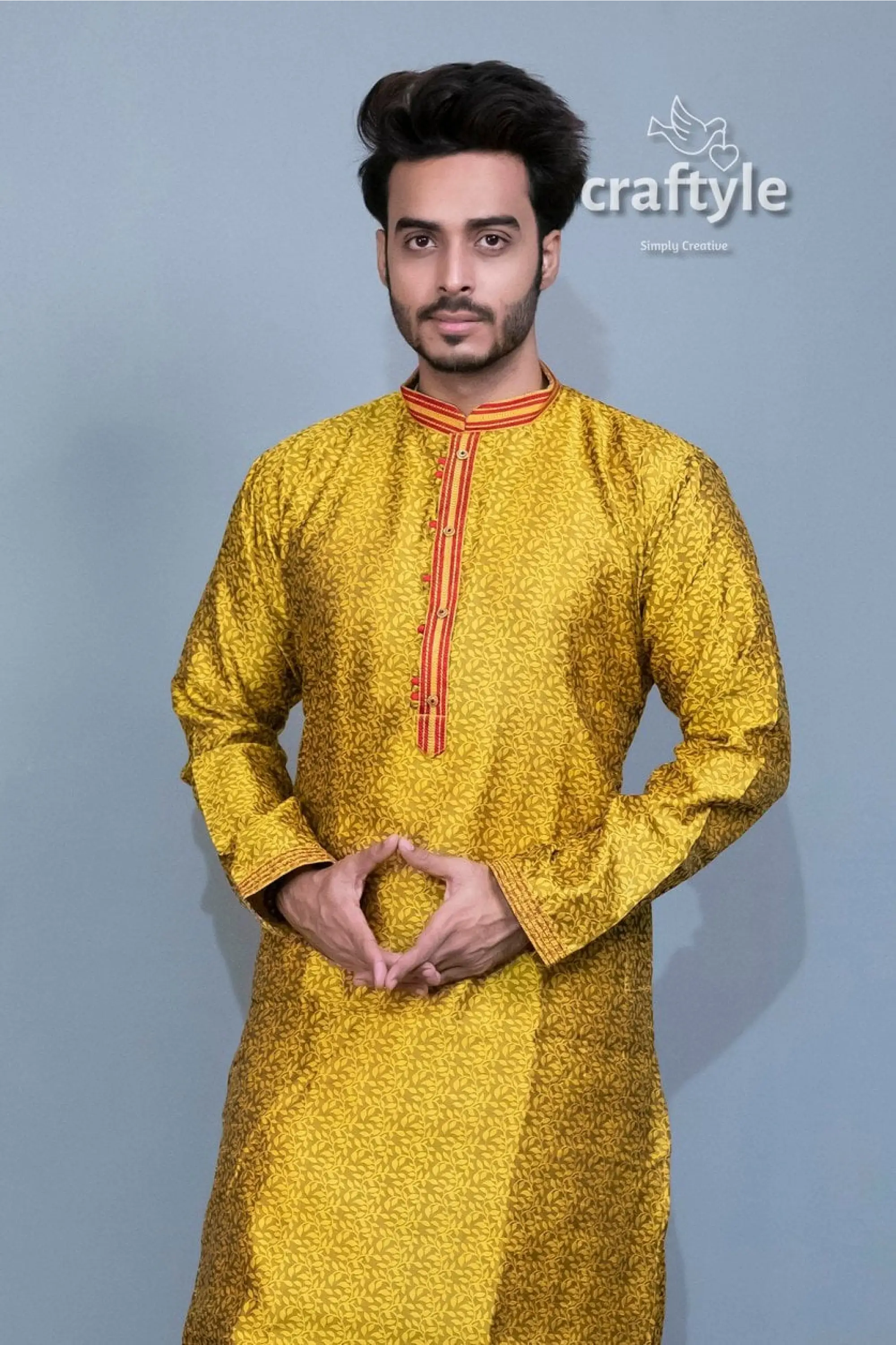 Pineapple yellow silk kurta embroidered ethnic menswear yellow patterned kurta 3