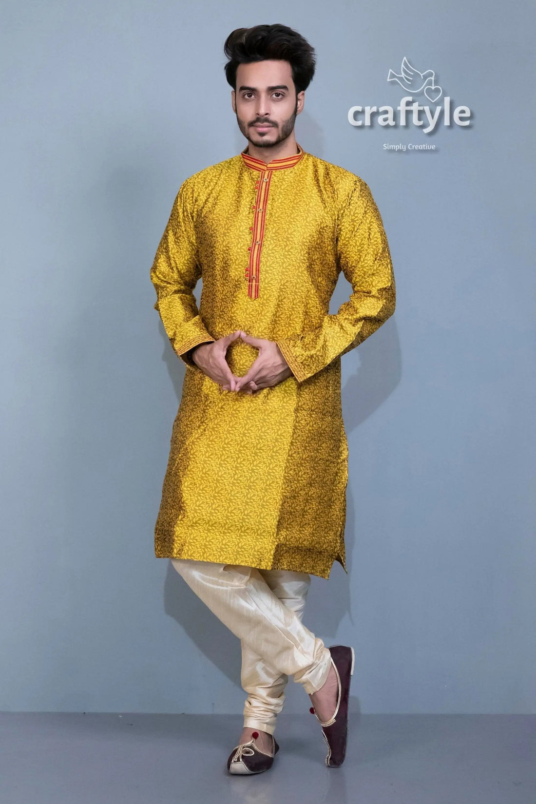 Pineapple yellow silk kurta embroidered ethnic menswear man yellow kurta pajama 1