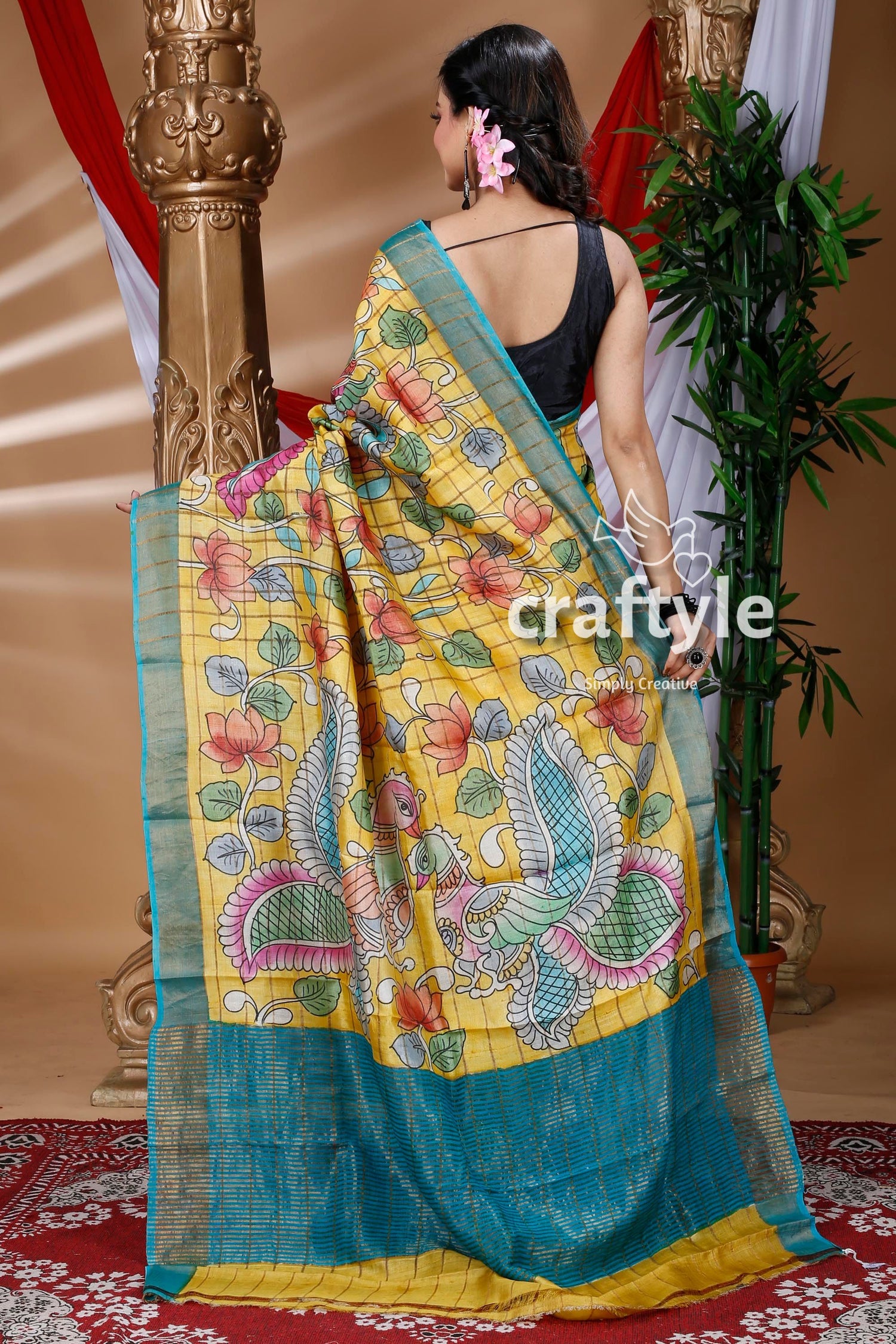 Pineapple Yellow Zari Border Pure Tussar Kalamkari Sari - Craftyle