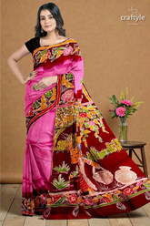 Pink dark burgundy shakuntala design handcrafted batik pure mulberry silk sari 5