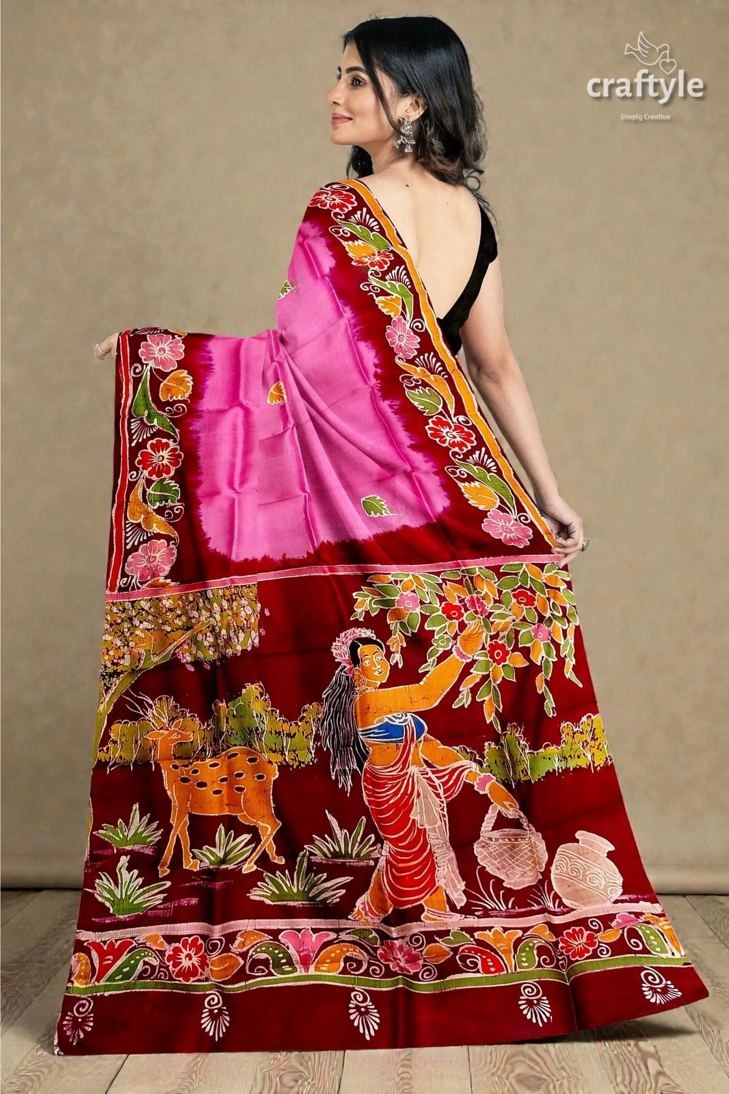 Pink dark burgundy shakuntala design handcrafted batik pure mulberry silk sari 3