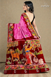 Pink dark burgundy shakuntala design handcrafted batik pure mulberry silk sari 3