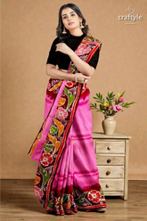 Pink dark burgundy shakuntala design handcrafted batik pure mulberry silk sari 6