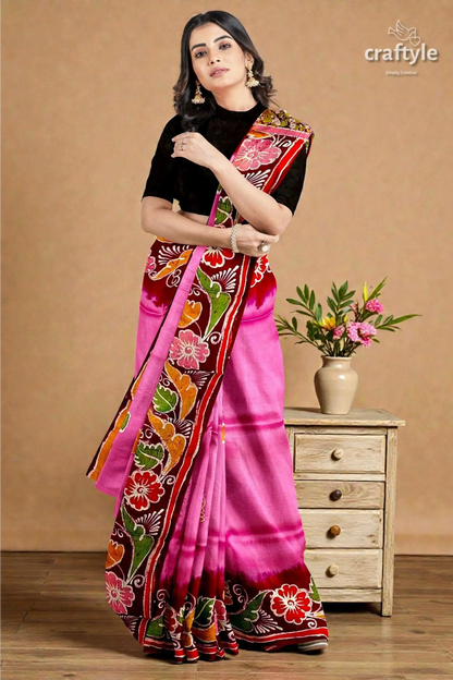 Pink dark burgundy shakuntala design handcrafted batik pure mulberry silk sari 6