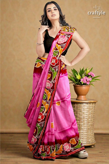 Pink dark burgundy shakuntala design handcrafted batik pure mulberry silk sari 2