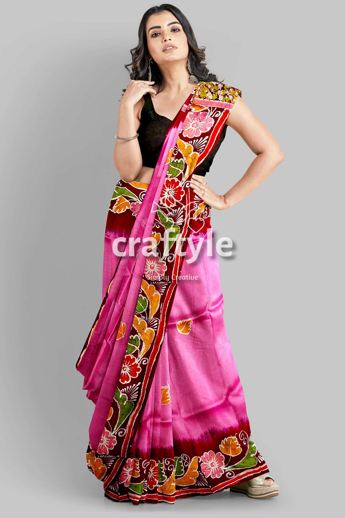 Pink Dark Burgundy Shakuntala Design Handcrafted Batik Pure Mulberry Silk Sari - Craftyle
