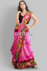 Pink Dark Burgundy Shakuntala Design Handcrafted Batik Pure Mulberry Silk Sari - Craftyle