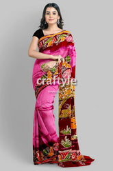 Pink Dark Burgundy Shakuntala Design Handcrafted Batik Pure Mulberry Silk Sari - Craftyle