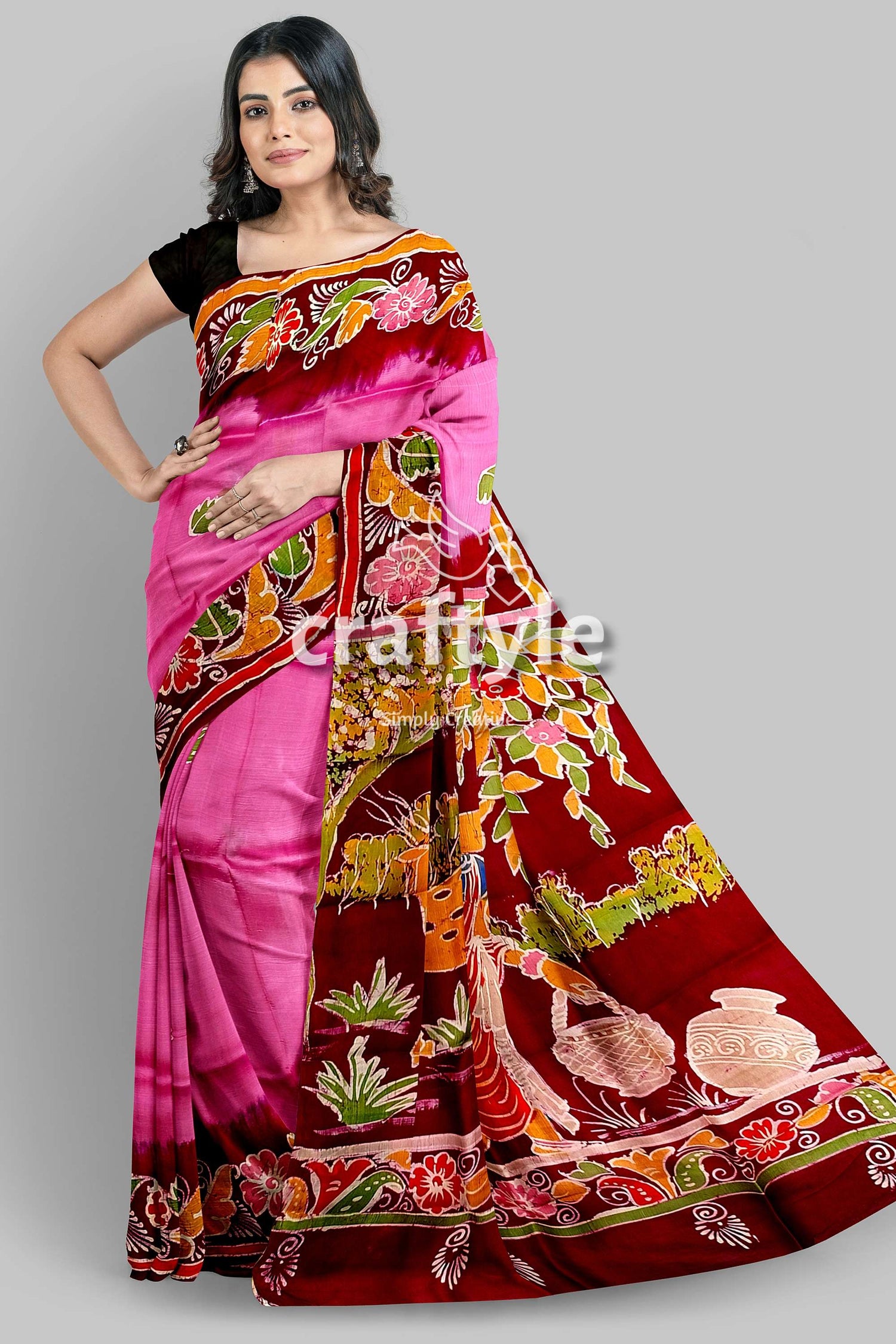 Pink Dark Burgundy Shakuntala Design Handcrafted Batik Pure Mulberry Silk Sari - Craftyle