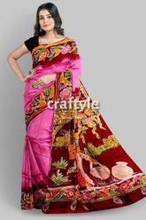 Pink Dark Burgundy Shakuntala Design Handcrafted Batik Pure Mulberry Silk Sari - Craftyle