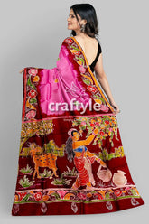 Pink Dark Burgundy Shakuntala Design Handcrafted Batik Pure Mulberry Silk Sari - Craftyle