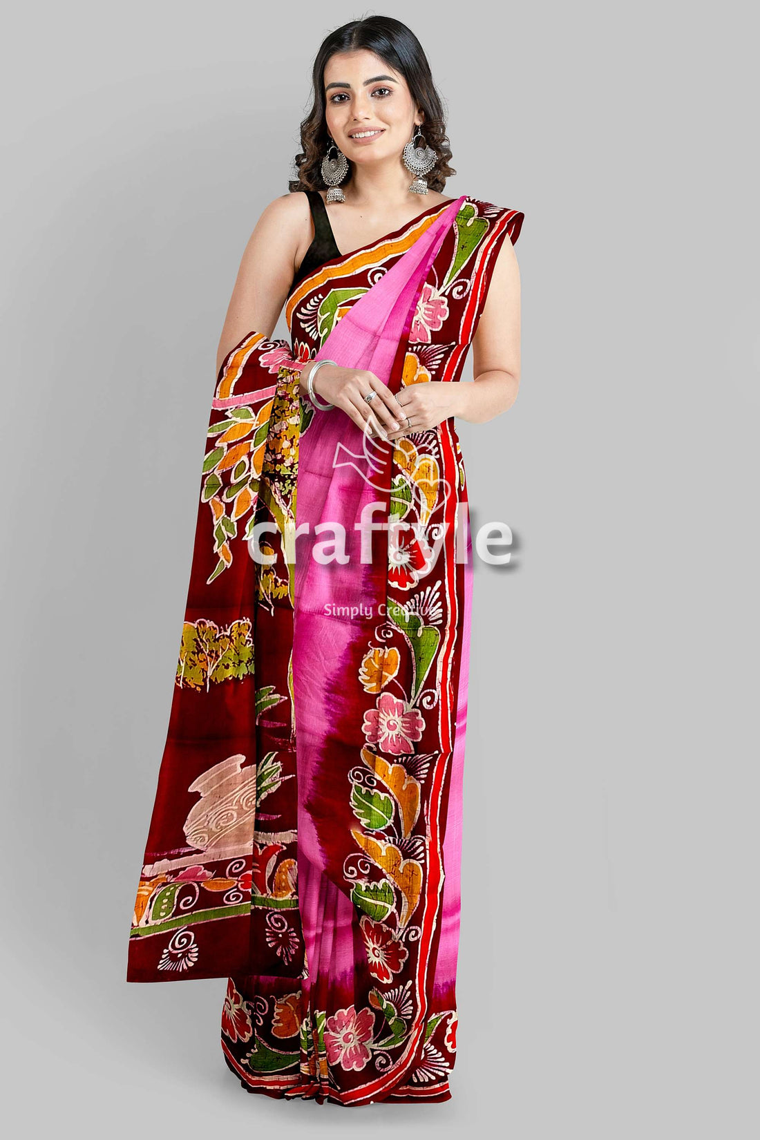 Pink Dark Burgundy Shakuntala Design Handcrafted Batik Pure Mulberry Silk Sari - Craftyle